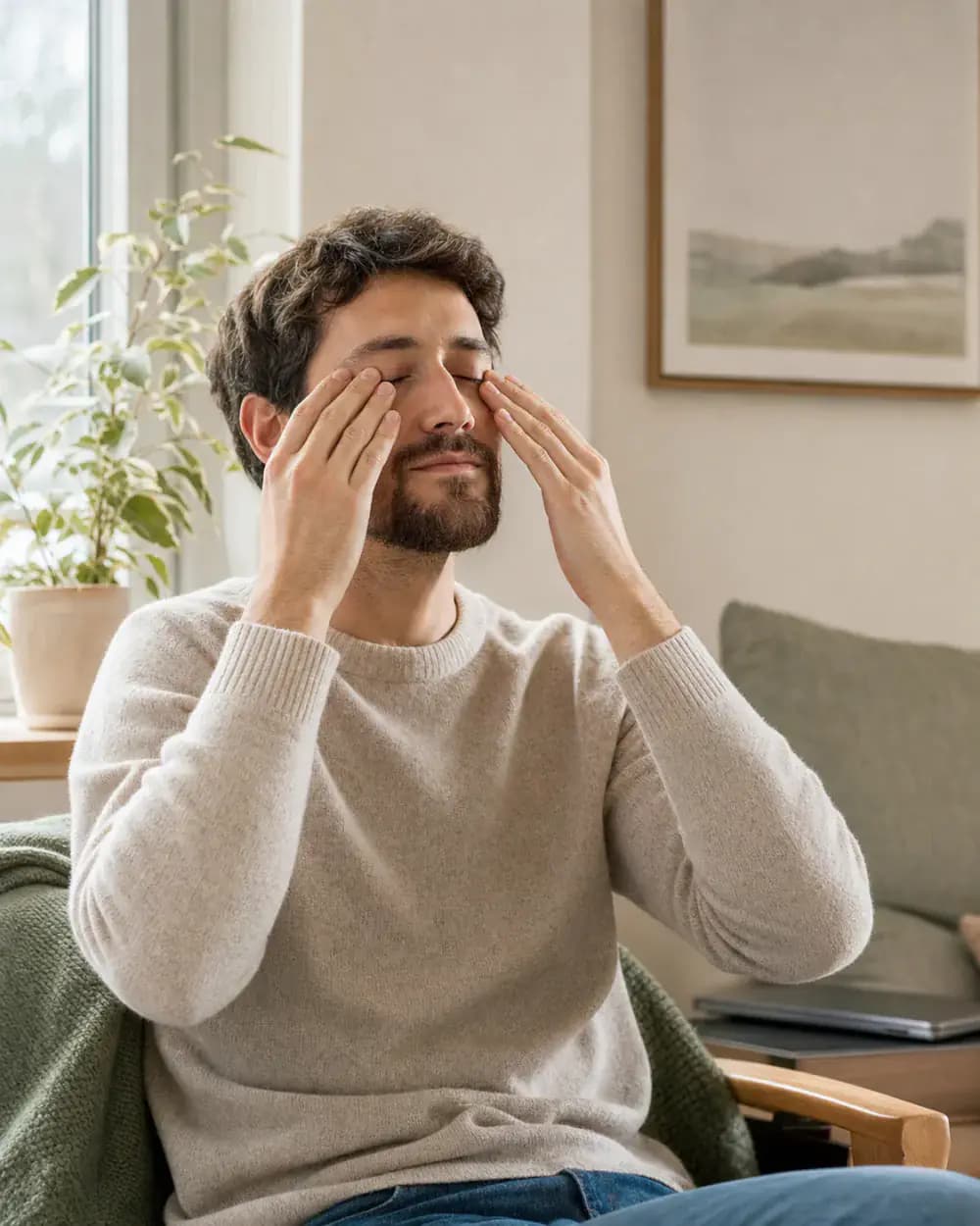 A man taking a gentle guided eye break at home