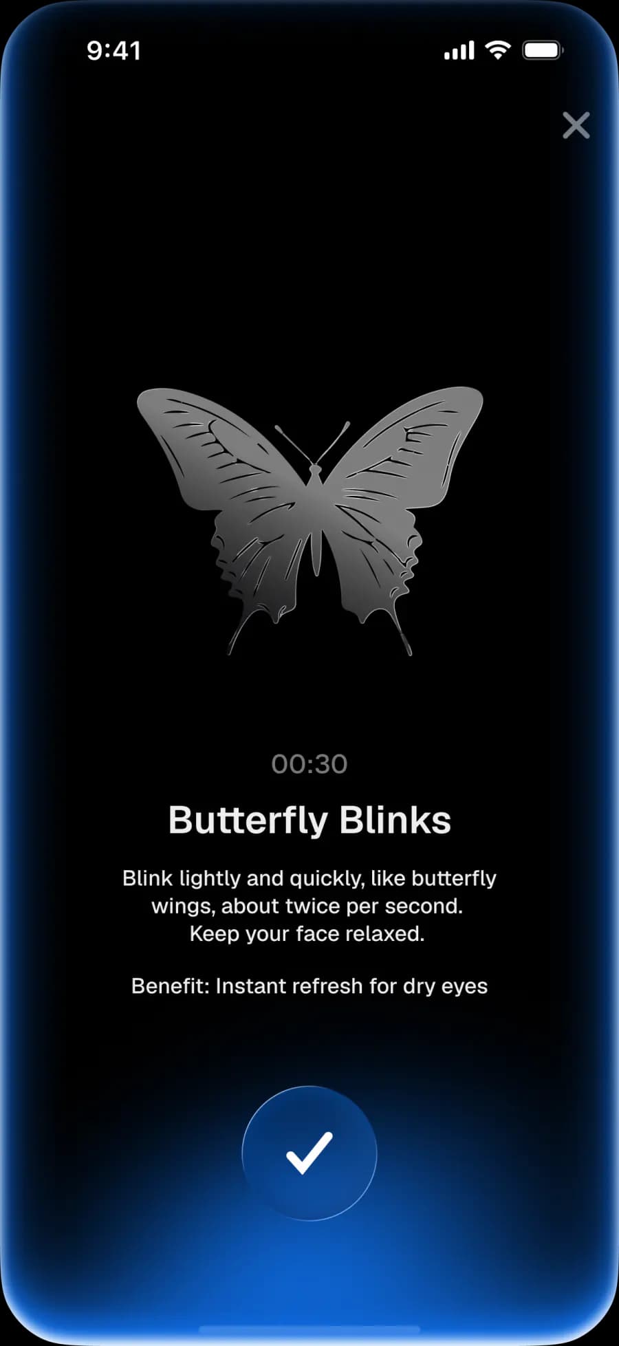 Butterfly Blinks exercise screen in EyeWell