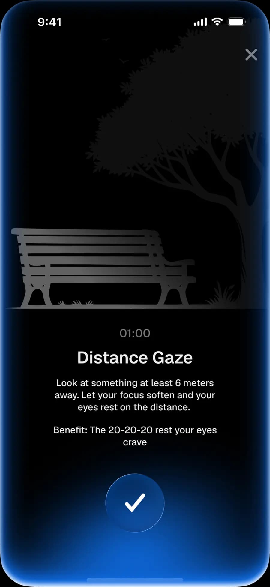 Distance Gaze exercise screen in EyeWell